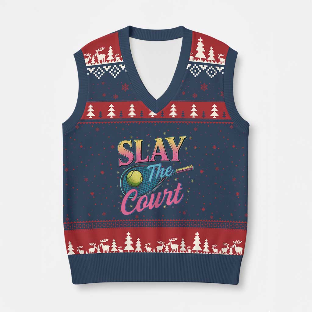 Slay The Court Queen V-Neck Knit Sweater Vest Witty Tennis Player Gift For Girls - Wonder Print Shop