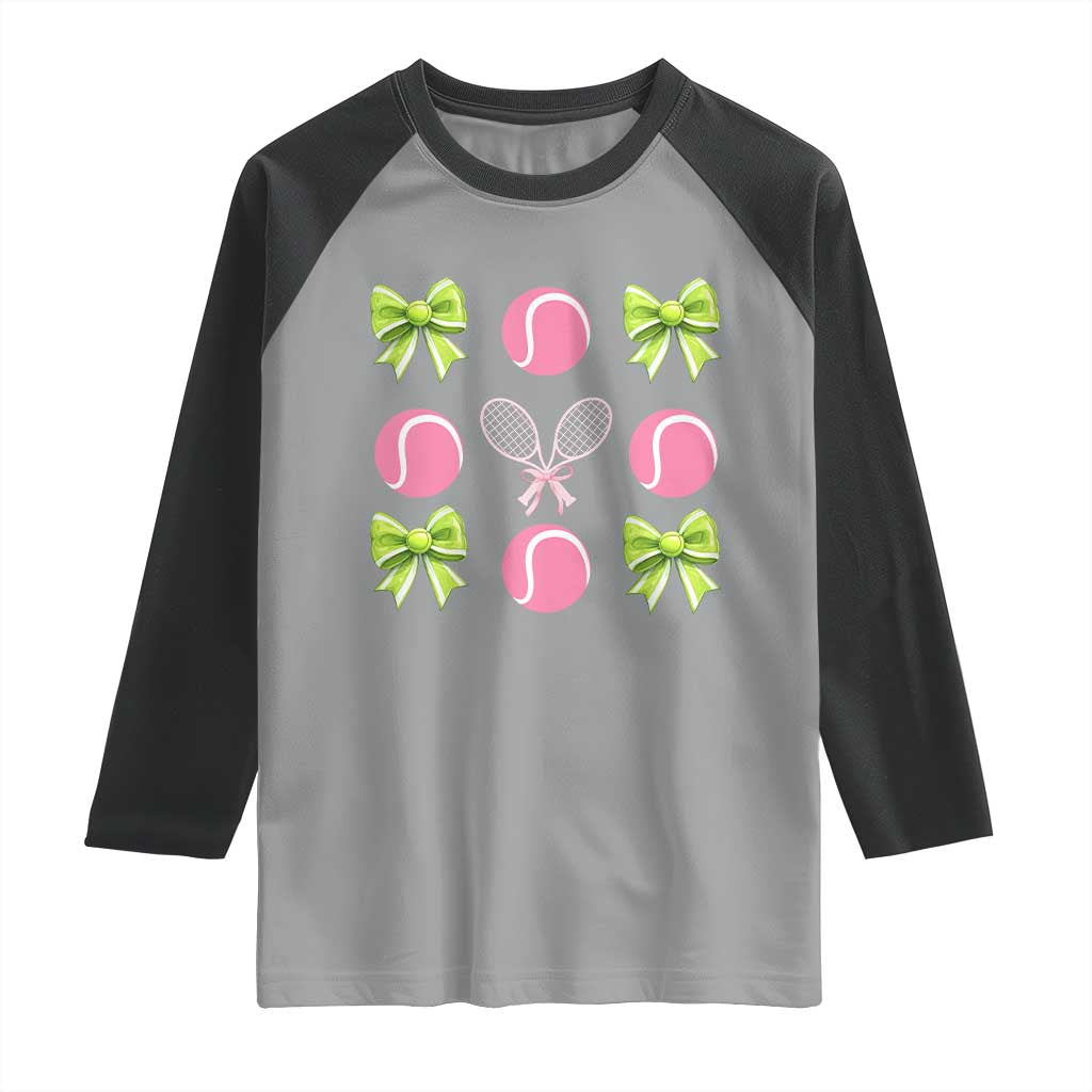 Pink Bow Coquette Tennis Lover Raglan Shirt Funny Tennis Girl Gift - Wonder Print Shop