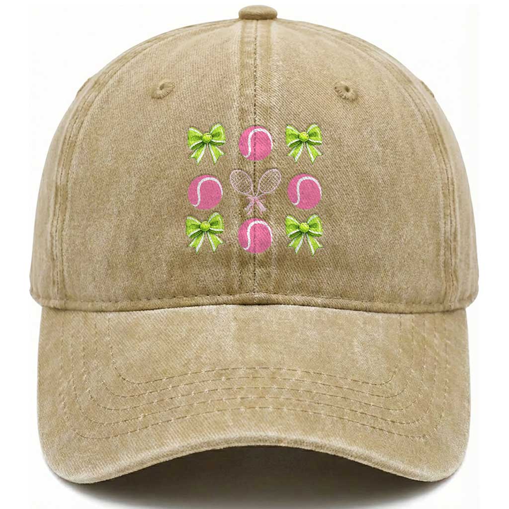 Pink Bow Coquette Tennis Lover Washed Cotton Baseball Cap Funny Tennis Girl Gift
