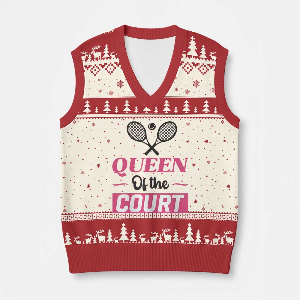 Queen Of The Court V-Neck Knit Sweater Vest Funny Tennis Girl Gift - Wonder Print Shop