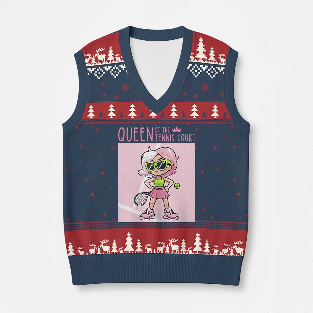 Queen Of The Court V-Neck Knit Sweater Vest Funny Tennis Player Gift For Women - Wonder Print Shop