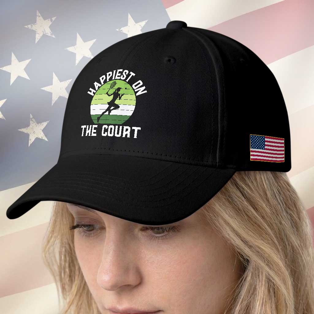 Happiest On The Court Baseball Cap Vintage Retro Tennis Girl Gift