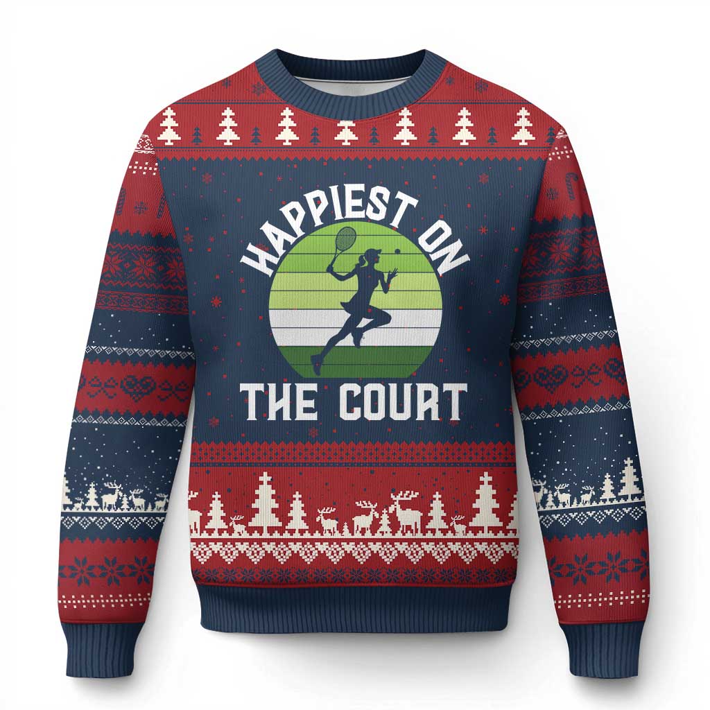 Happiest On The Court Ugly Christmas Sweater Vintage Retro Tennis Girl Gift - Wonder Print Shop