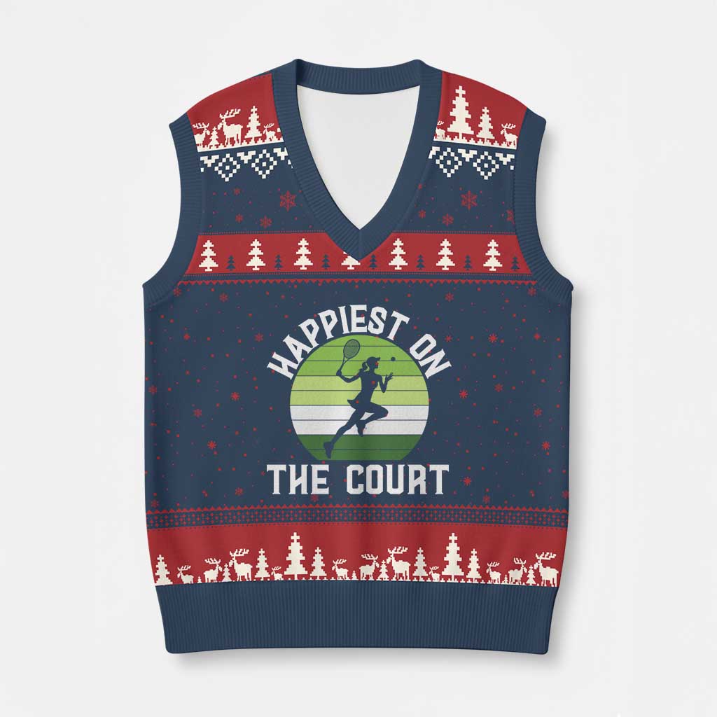 Happiest On The Court V-Neck Knit Sweater Vest Vintage Retro Tennis Girl Gift - Wonder Print Shop