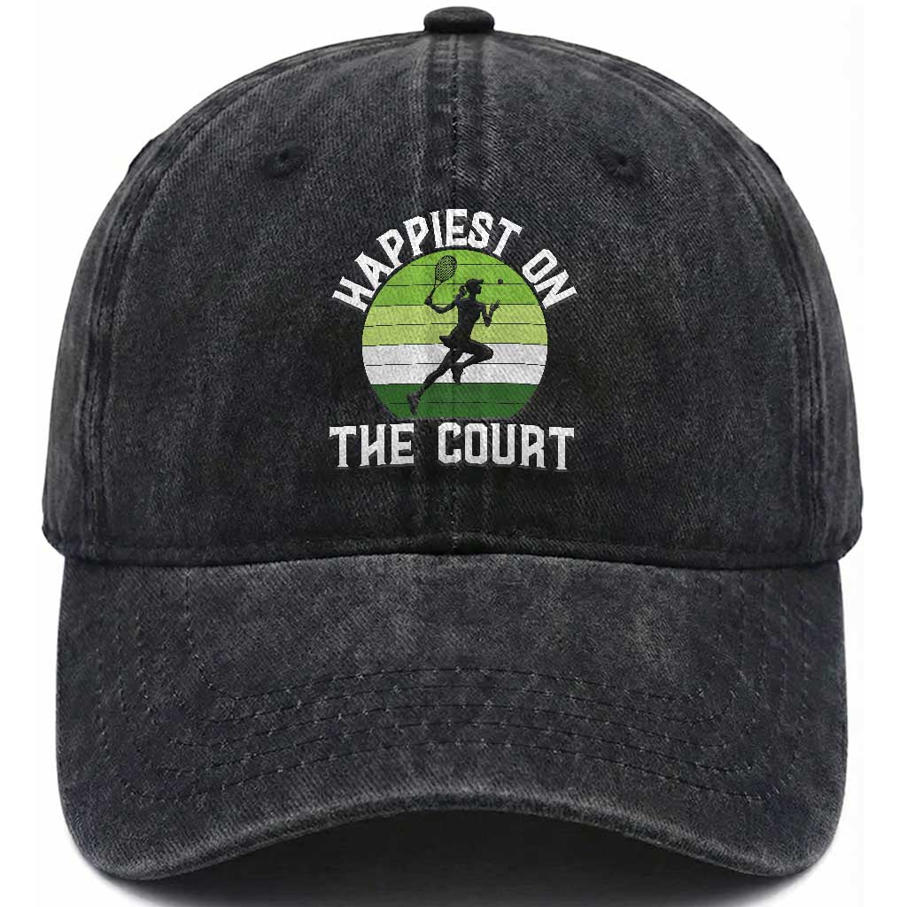 Happiest On The Court Washed Cotton Baseball Cap Vintage Retro Tennis Girl Gift
