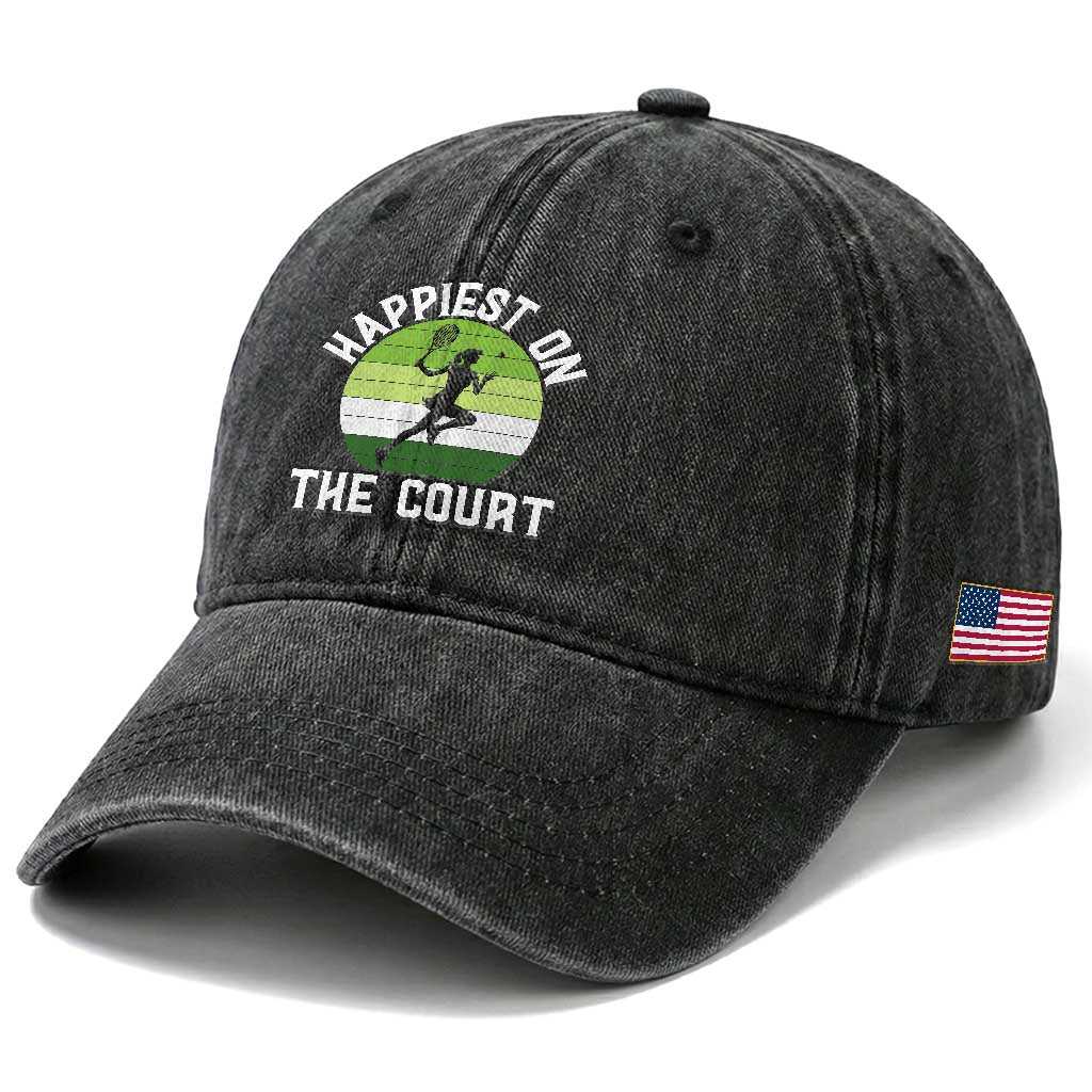 Happiest On The Court Washed Cotton Baseball Cap Vintage Retro Tennis Girl Gift