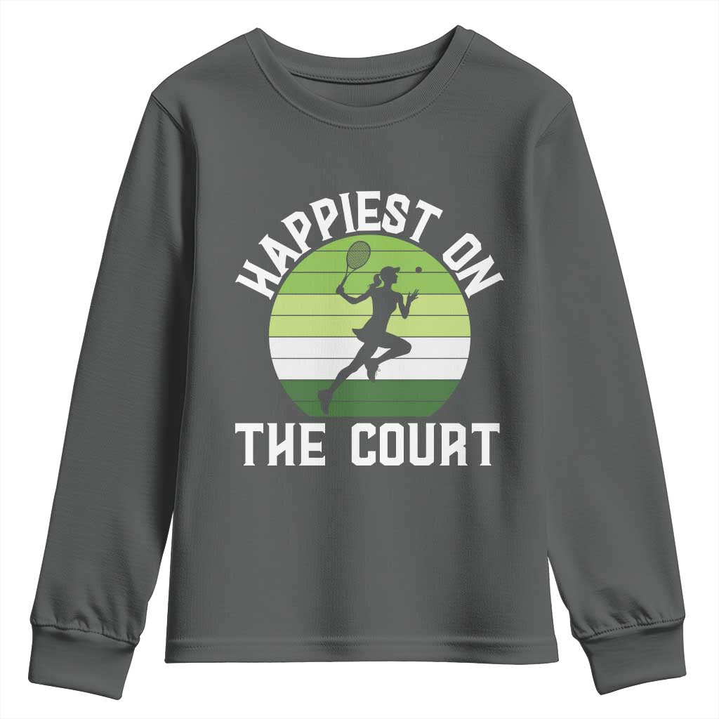 Happiest On The Court Youth Sweatshirt Vintage Retro Tennis Girl Gift - Wonder Print Shop