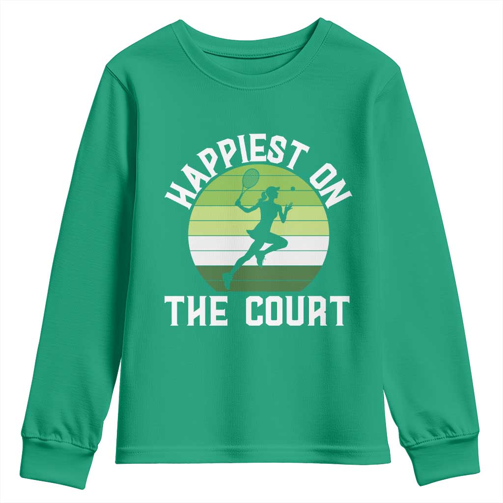 Happiest On The Court Youth Sweatshirt Vintage Retro Tennis Girl Gift - Wonder Print Shop