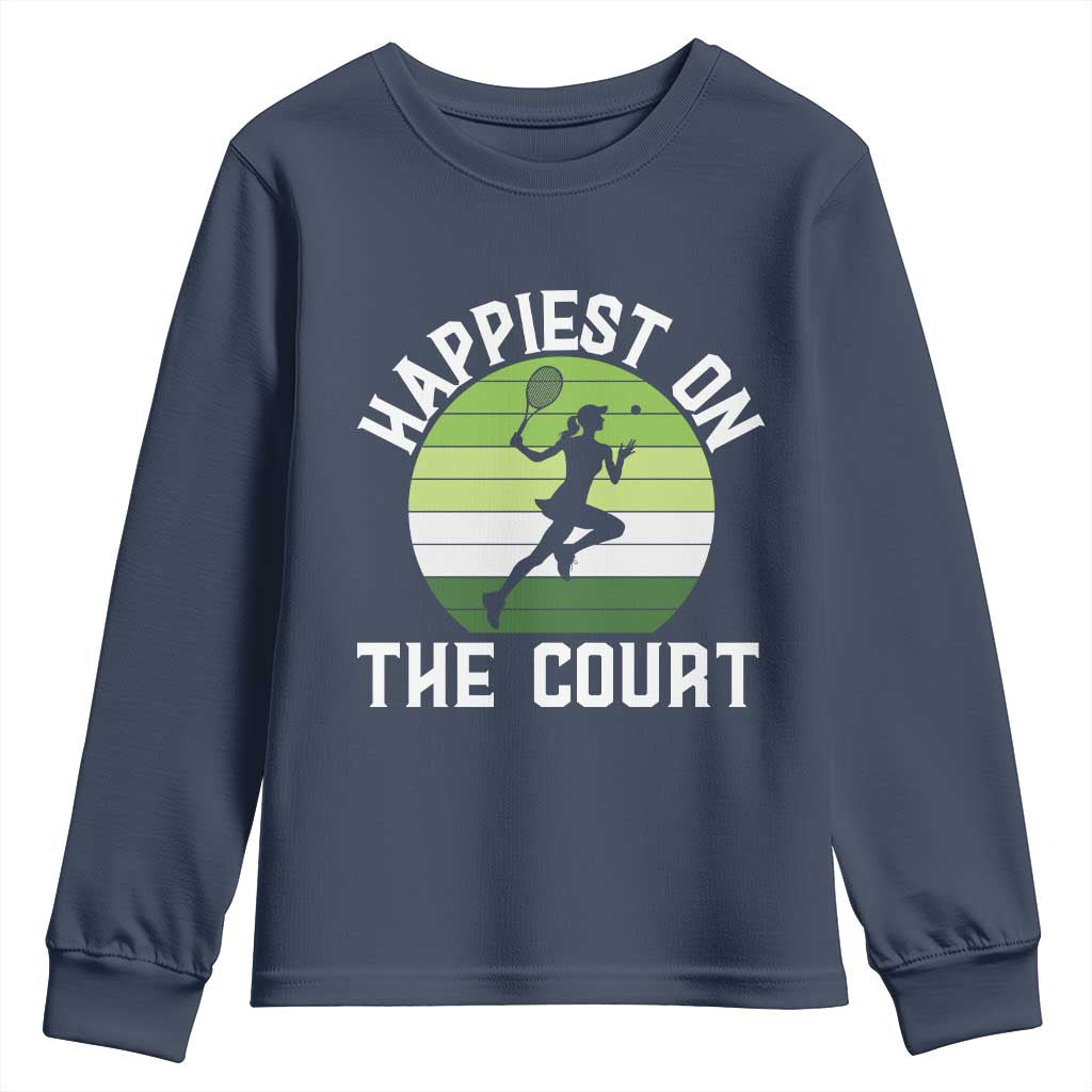 Happiest On The Court Youth Sweatshirt Vintage Retro Tennis Girl Gift - Wonder Print Shop