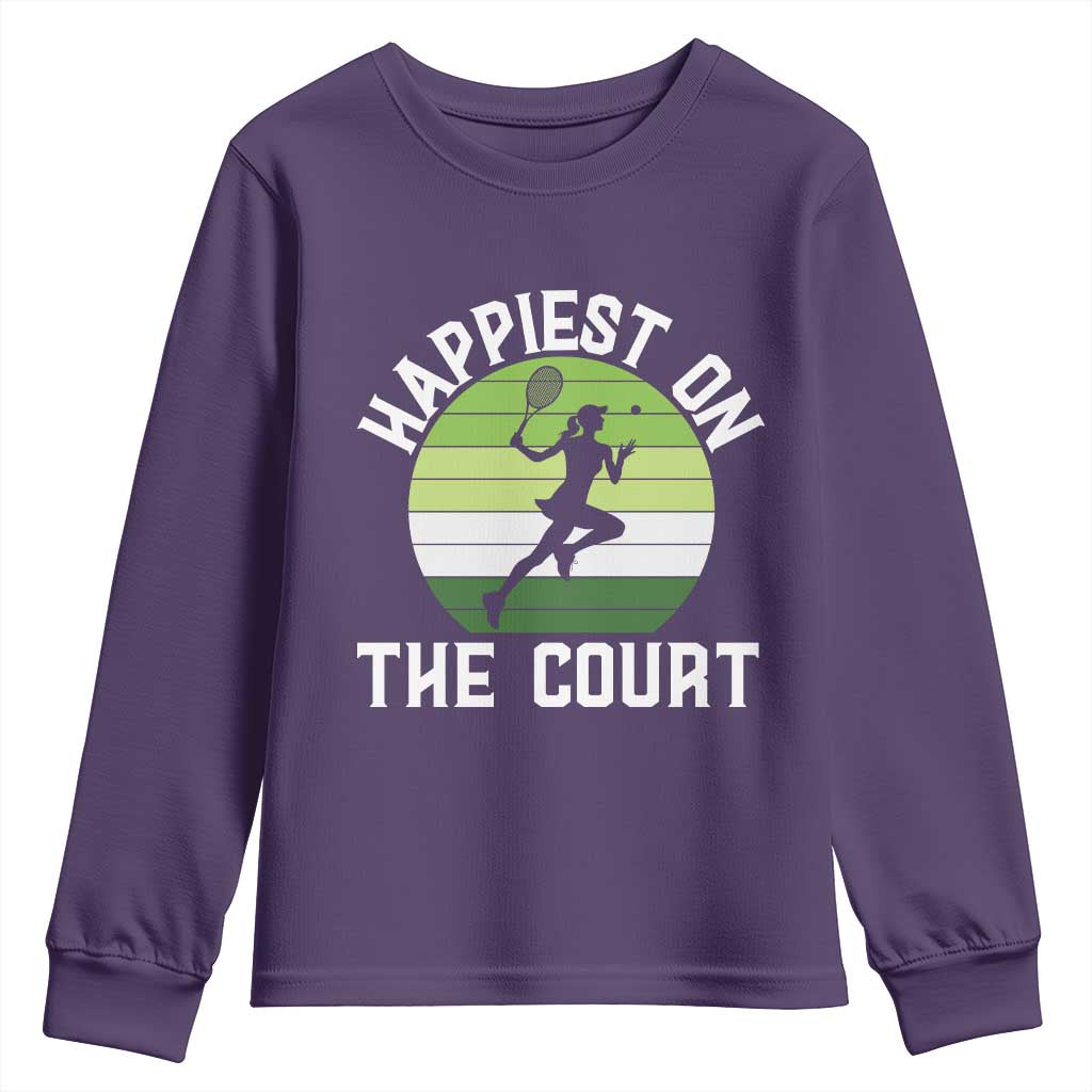 Happiest On The Court Youth Sweatshirt Vintage Retro Tennis Girl Gift - Wonder Print Shop