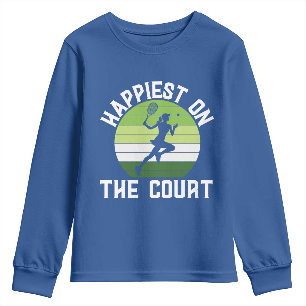 Happiest On The Court Youth Sweatshirt Vintage Retro Tennis Girl Gift - Wonder Print Shop