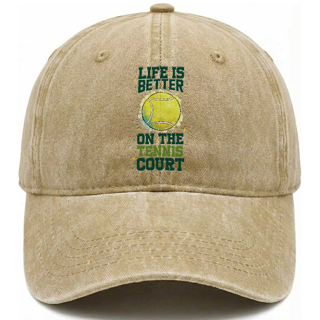 Life Is Better On The Court Washed Cotton Baseball Cap Tennis Lover Gift