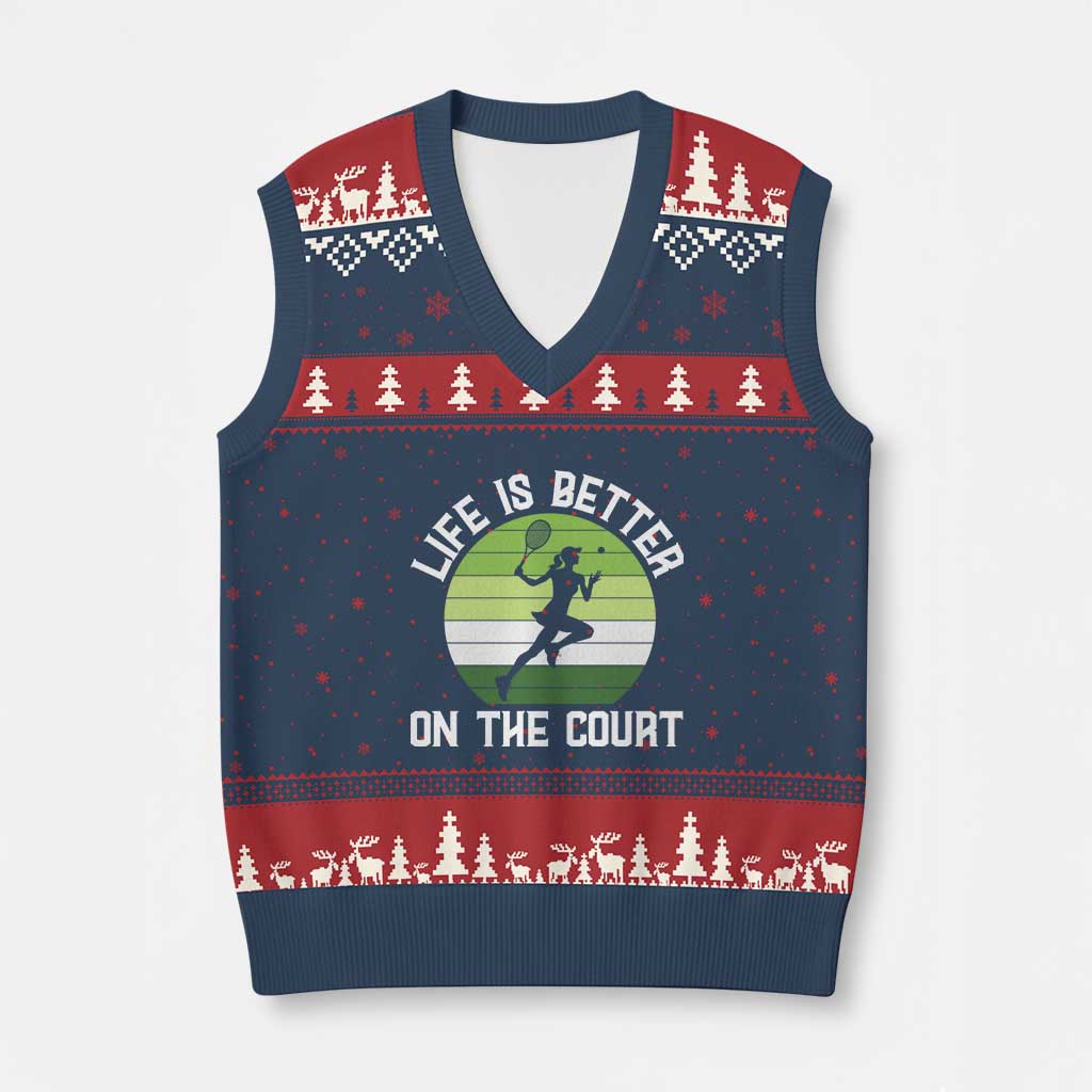 Life Is Better On The Court V-Neck Knit Sweater Vest Vintage Retro Tennis Girl Gift - Wonder Print Shop