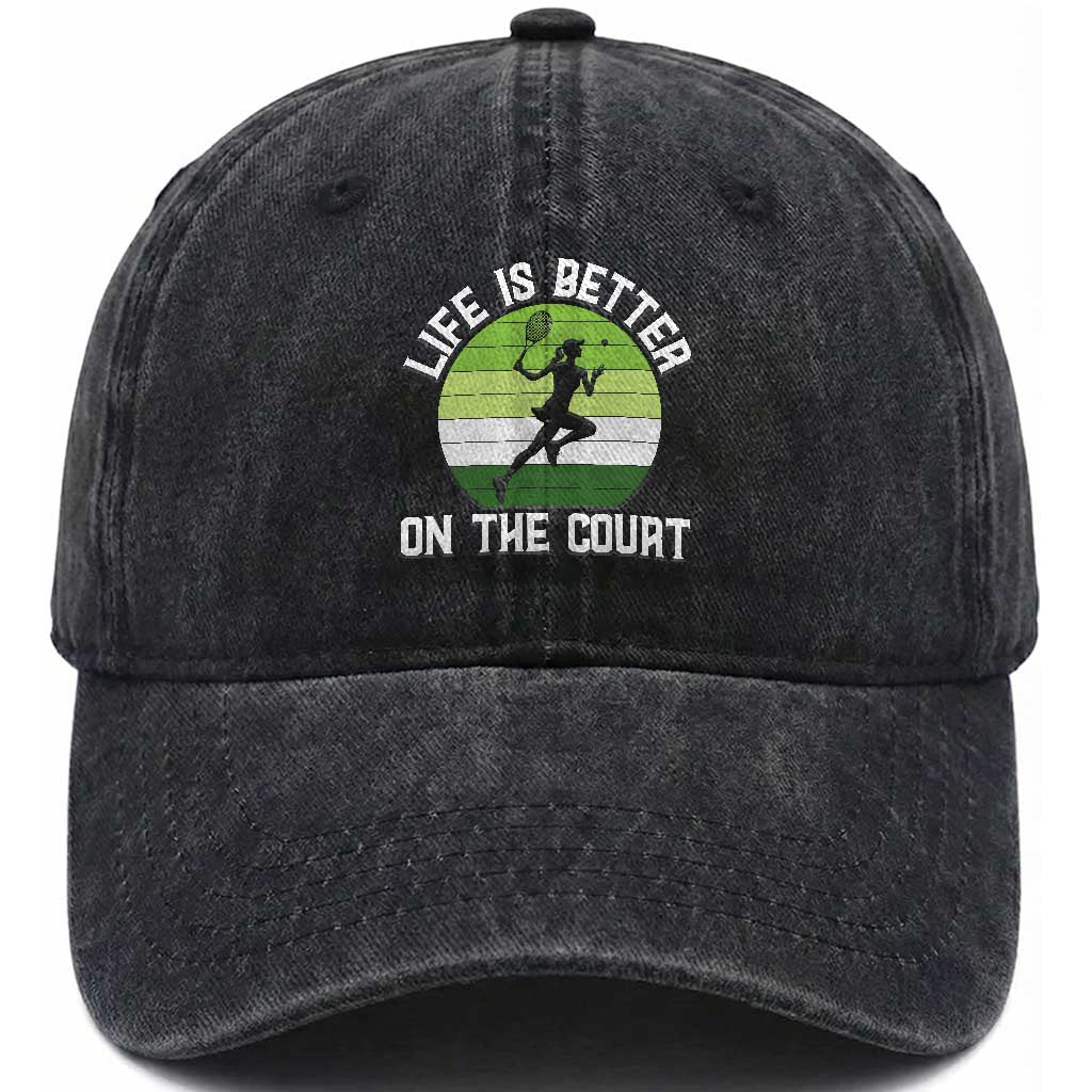 Life Is Better On The Court Washed Cotton Baseball Cap Vintage Retro Tennis Girl Gift