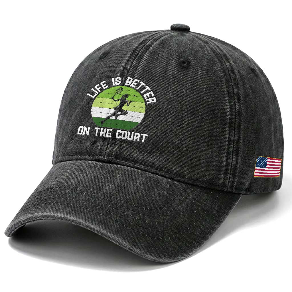 Life Is Better On The Court Washed Cotton Baseball Cap Vintage Retro Tennis Girl Gift