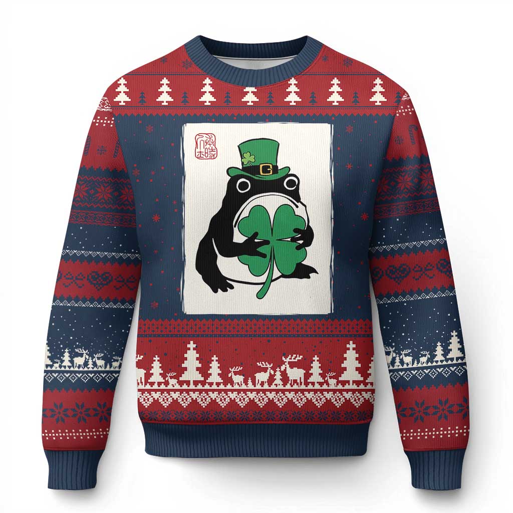 Vintage Japanese Grumpy Frog Ugly Christmas Sweater Lucky St Paddys Day