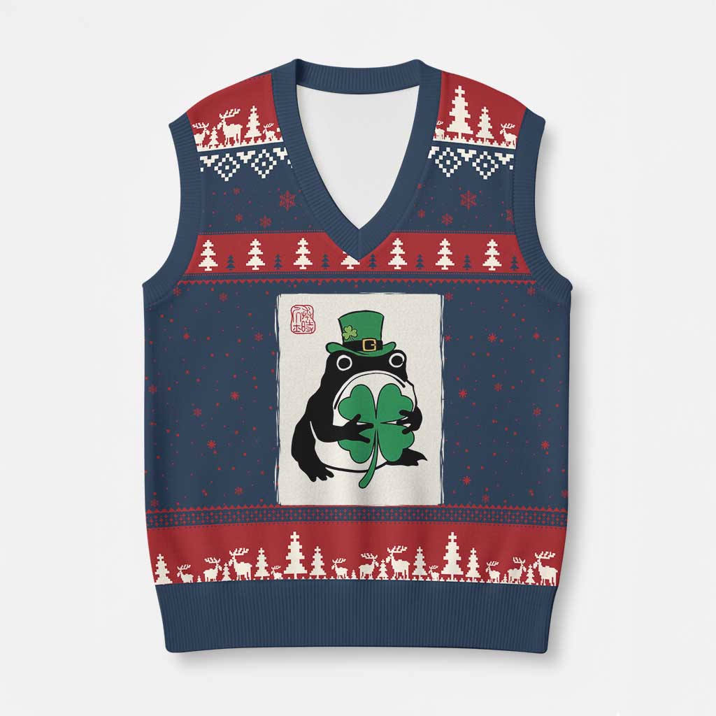 Vintage Japanese Grumpy Frog V-Neck Knit Sweater Vest Lucky St Paddys Day