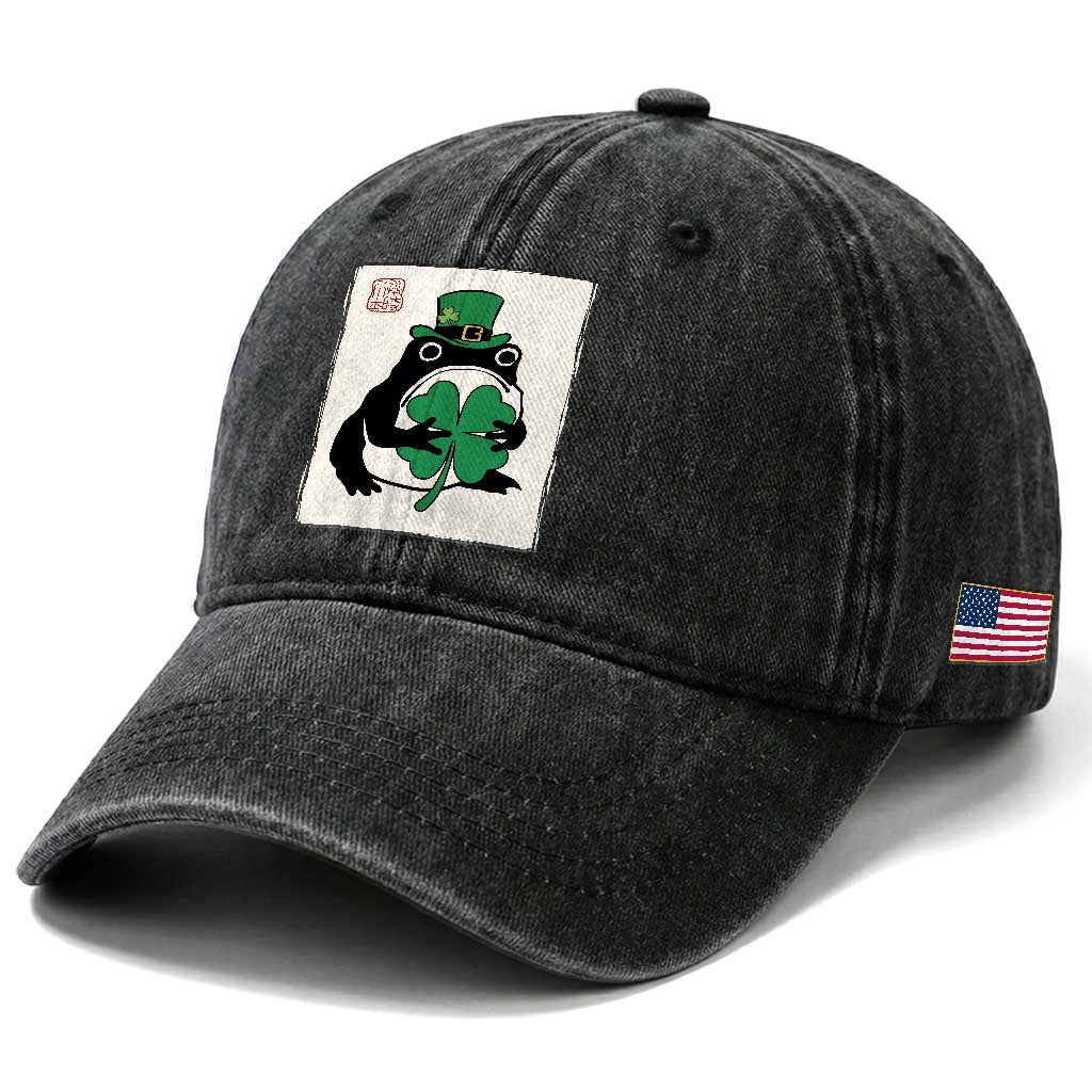Vintage Japanese Grumpy Frog Washed Cotton Baseball Cap Lucky St Paddys Day