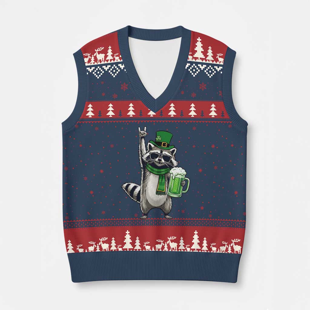 Funny Raccoon Rock On V-Neck Knit Sweater Vest St Patricks Day Gift