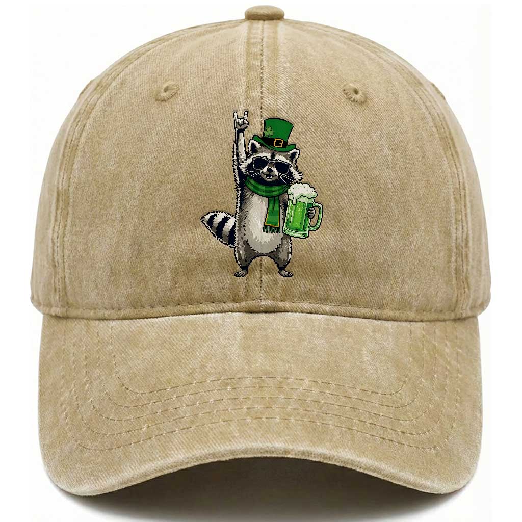 Funny Raccoon Rock On Washed Cotton Baseball Cap St Patricks Day Gift