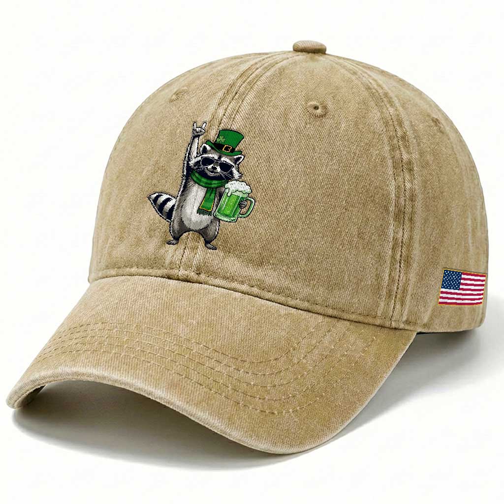 Funny Raccoon Rock On Washed Cotton Baseball Cap St Patricks Day Gift