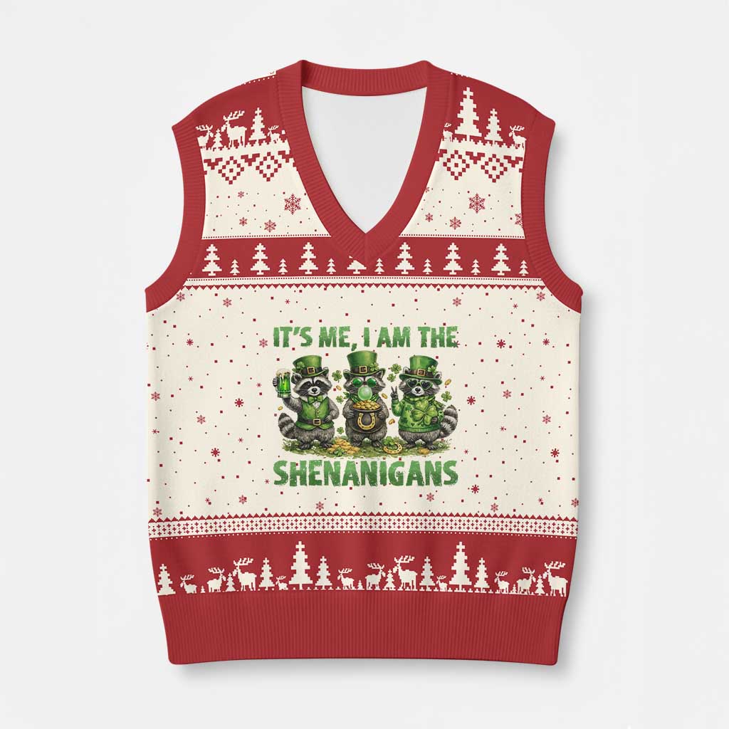 I Am The Shenanigans V-Neck Knit Sweater Vest Funny Irish Raccoon St Patricks Day