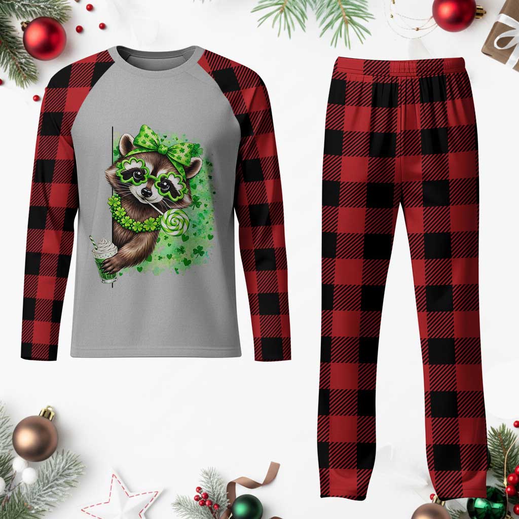 Funny Raccoon St Patricks Day Plaid Pajama Set Irish Party Animal Gift