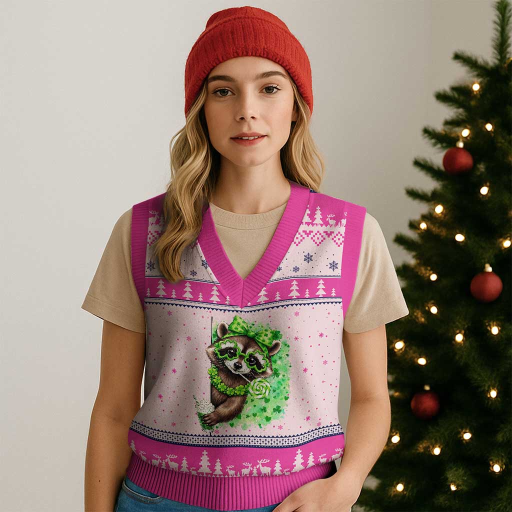 Funny Raccoon St Patricks Day V-Neck Knit Sweater Vest Irish Party Animal Gift
