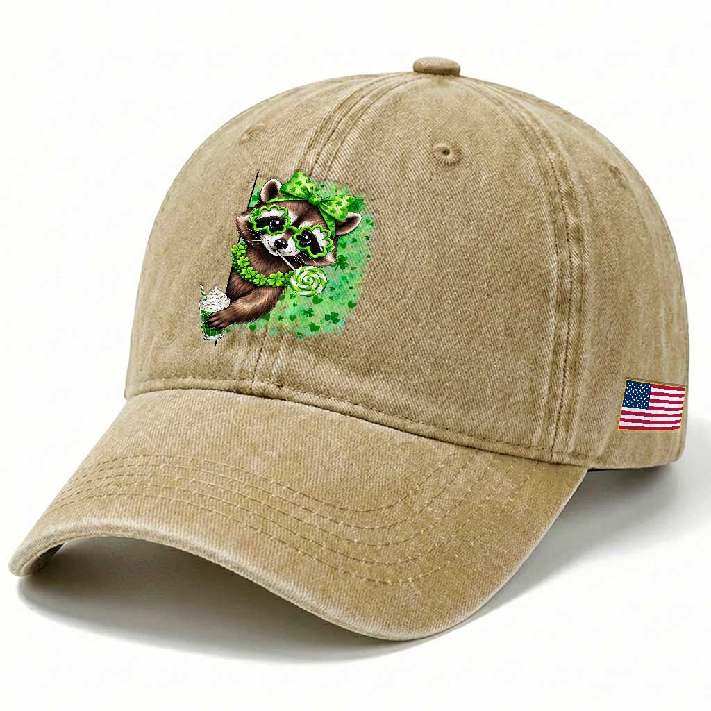 Funny Raccoon St Patricks Day Washed Cotton Baseball Cap Irish Party Animal Gift