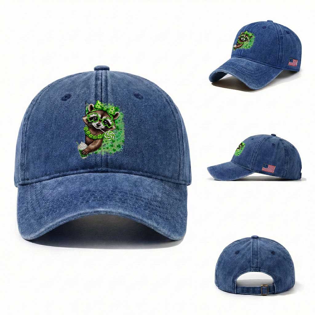 Funny Raccoon St Patricks Day Washed Cotton Baseball Cap Irish Party Animal Gift