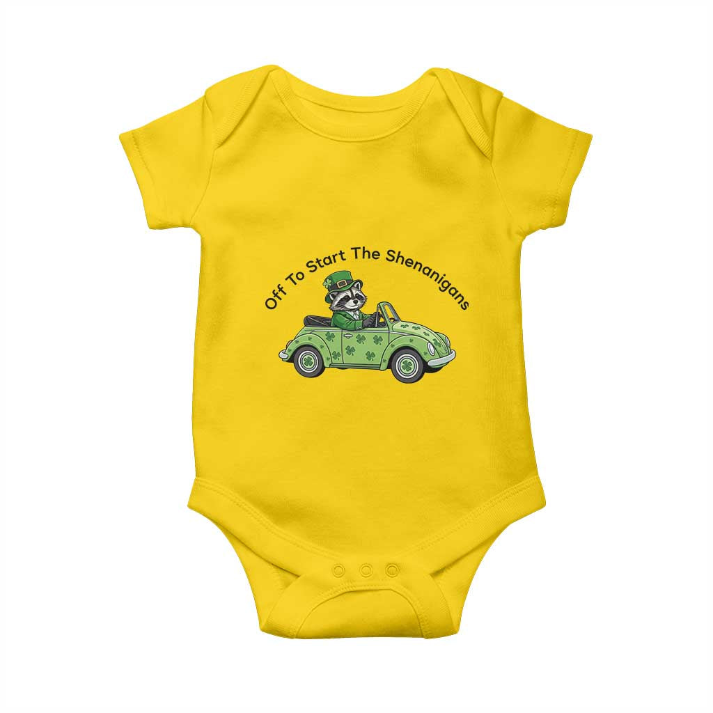 Off To Start The Shenanigans Baby Onesie Funny Irish Raccoon