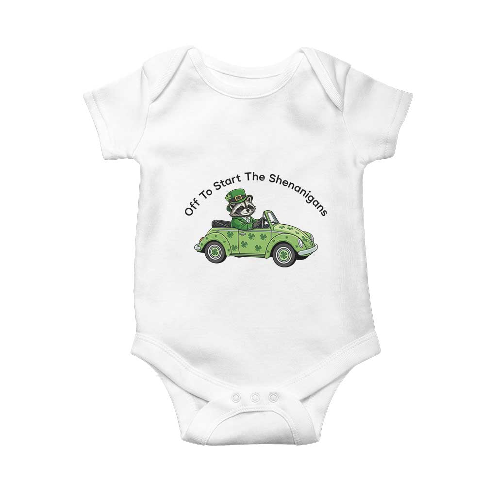Off To Start The Shenanigans Baby Onesie Funny Irish Raccoon