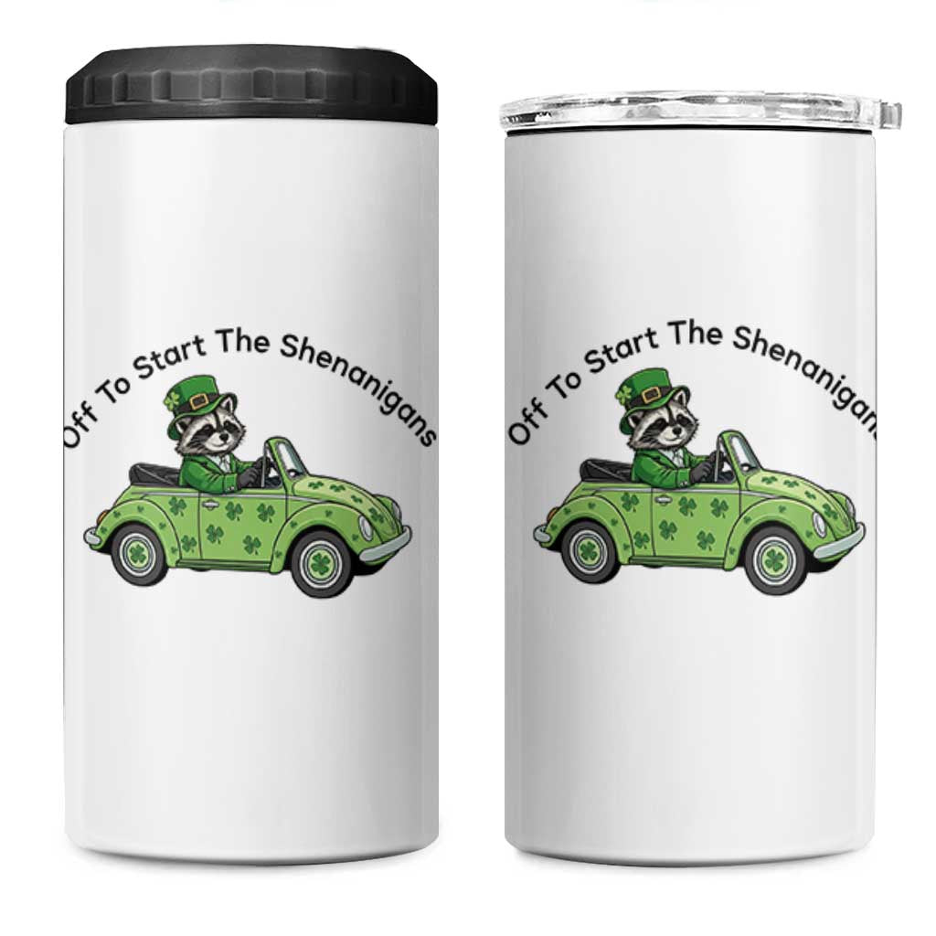 Off To Start The Shenanigans 4 in 1 Can Cooler Tumbler Funny Irish Raccoon