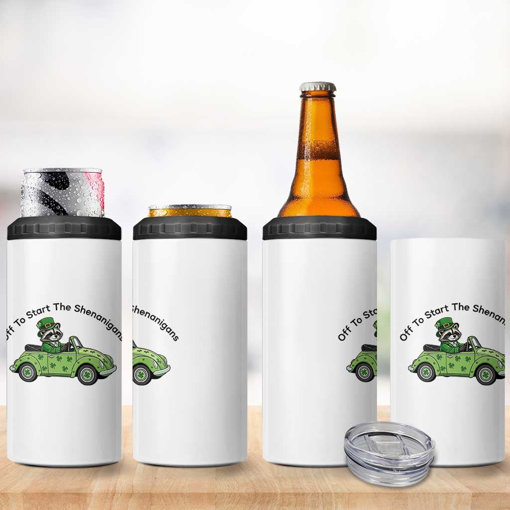 Off To Start The Shenanigans 4 in 1 Can Cooler Tumbler Funny Irish Raccoon