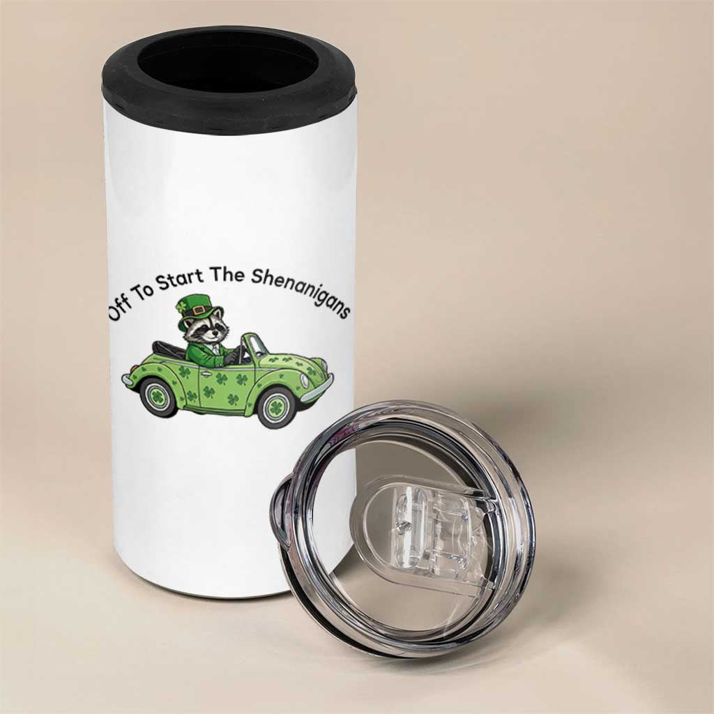 Off To Start The Shenanigans 4 in 1 Can Cooler Tumbler Funny Irish Raccoon