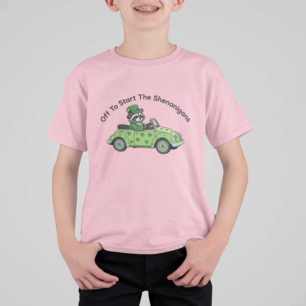 Off To Start The Shenanigans T Shirt For Kid Funny Irish Raccoon