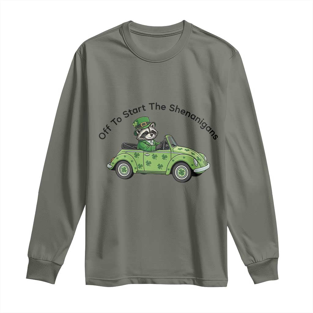 Off To Start The Shenanigans Long Sleeve Shirt Funny Irish Raccoon