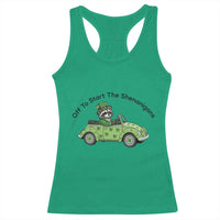 Off To Start The Shenanigans Racerback Tank Top Funny Irish Raccoon