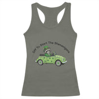 Off To Start The Shenanigans Racerback Tank Top Funny Irish Raccoon