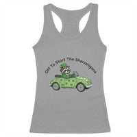 Off To Start The Shenanigans Racerback Tank Top Funny Irish Raccoon