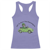 Off To Start The Shenanigans Racerback Tank Top Funny Irish Raccoon