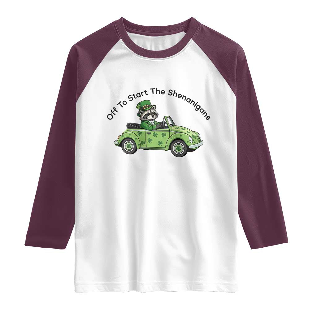 Off To Start The Shenanigans Raglan Shirt Funny Irish Raccoon