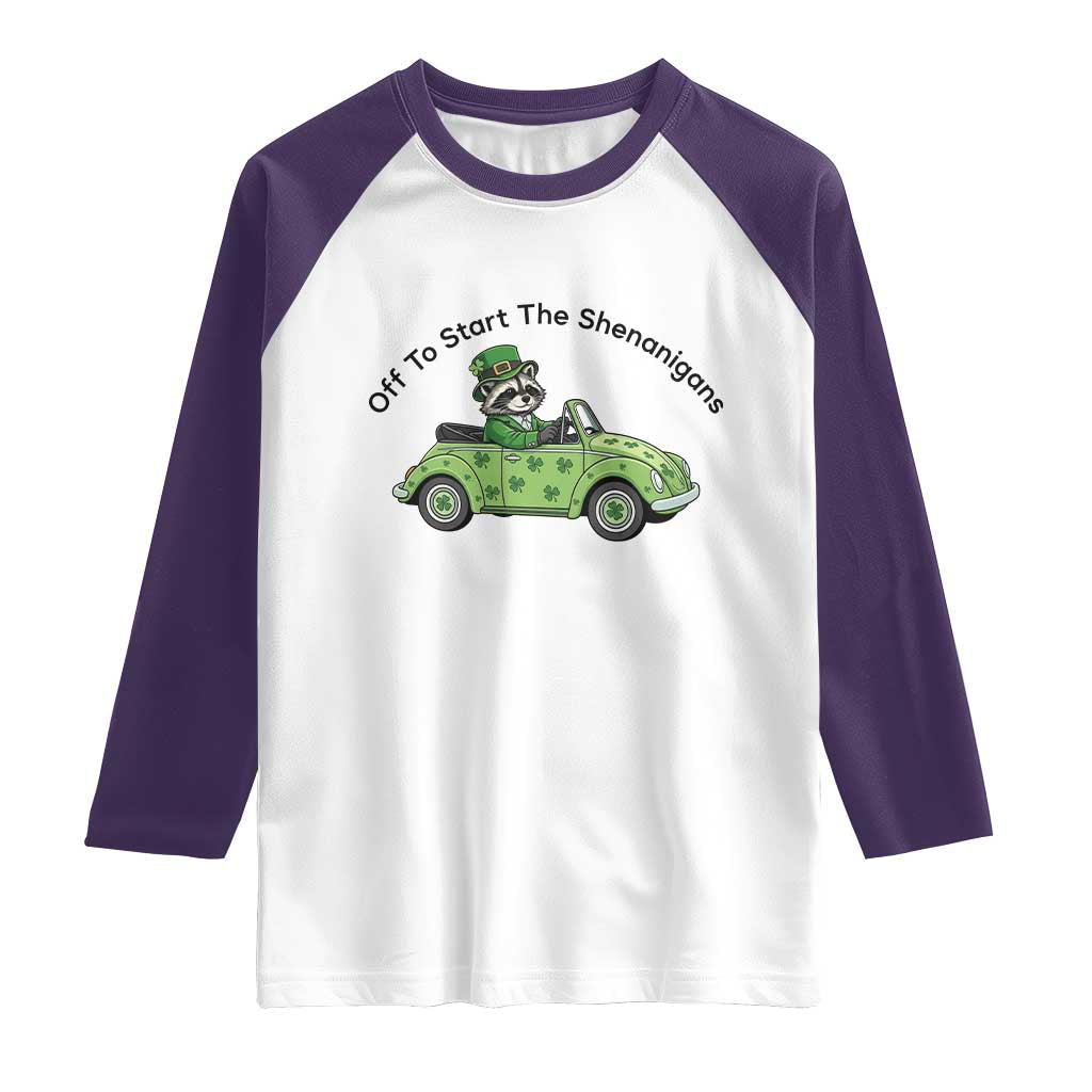 Off To Start The Shenanigans Raglan Shirt Funny Irish Raccoon