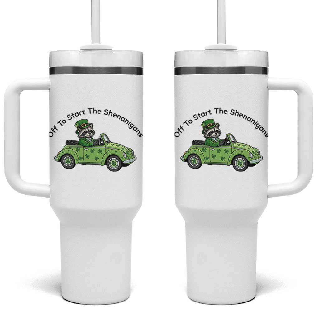 Off To Start The Shenanigans Tumbler With Handle Funny Irish Raccoon