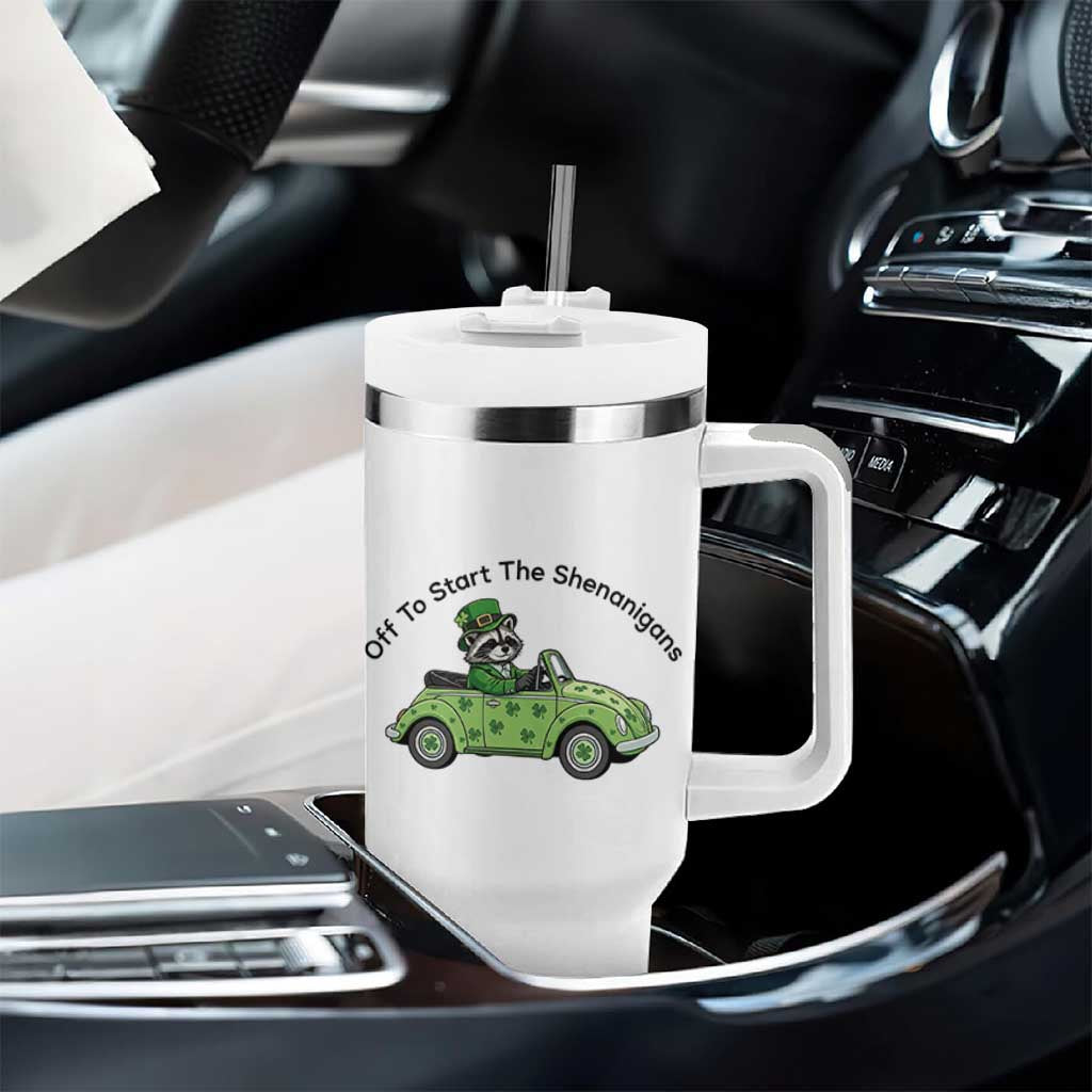 Off To Start The Shenanigans Tumbler With Handle Funny Irish Raccoon