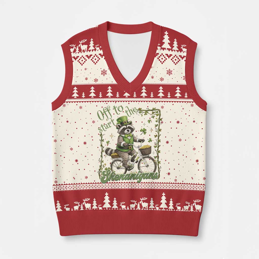 Funny Irish Raccoon Driver V-Neck Knit Sweater Vest Off To Start The Shenanigans