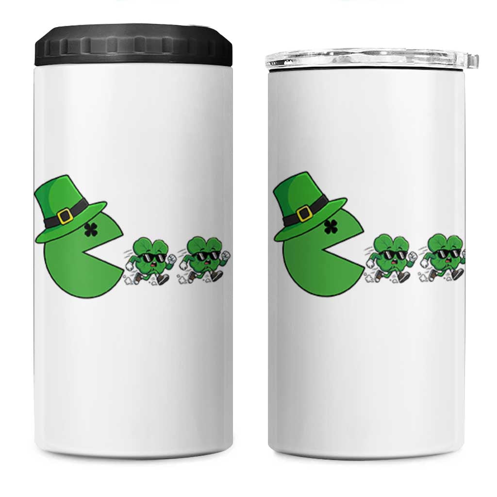 St Patricks Day Retro Gamer Eating Shamrock Lucky Gift 4 in 1 Can Cooler Tumbler