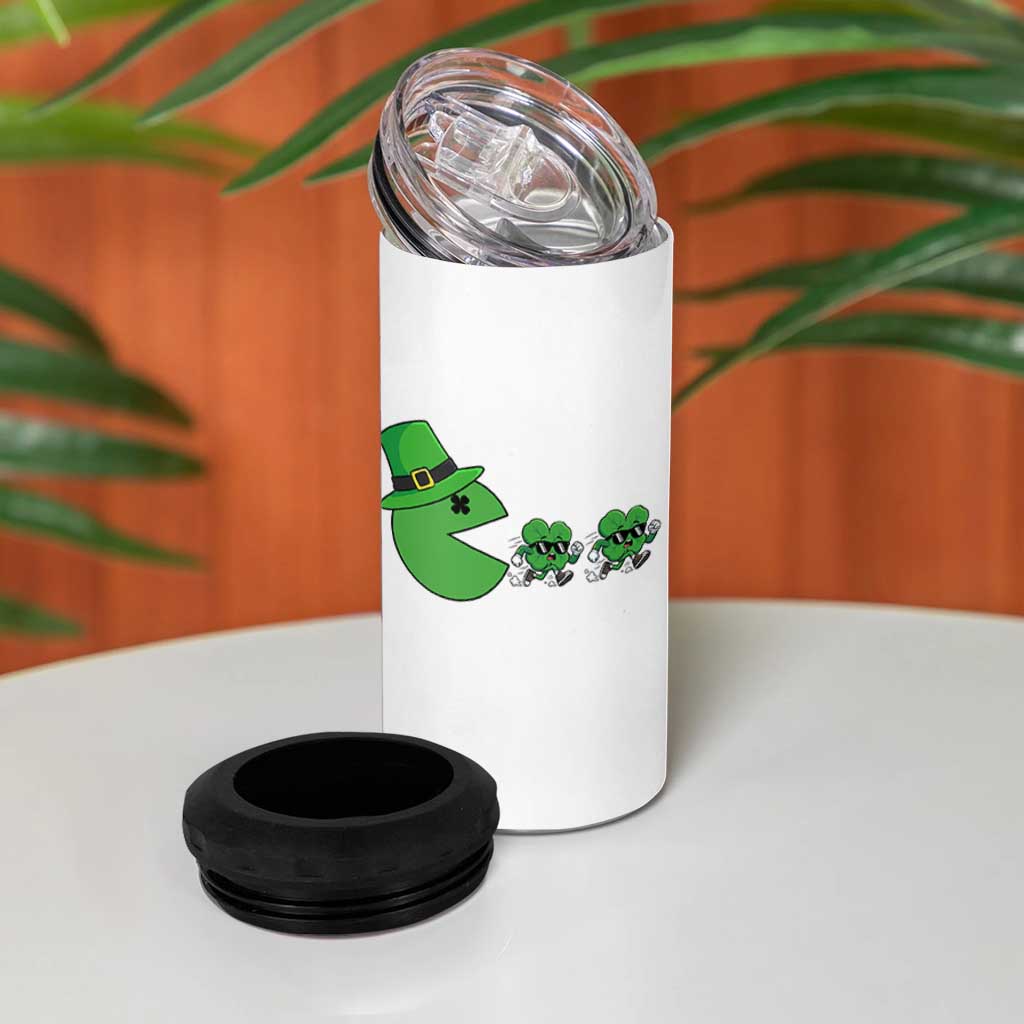 St Patricks Day Retro Gamer Eating Shamrock Lucky Gift 4 in 1 Can Cooler Tumbler
