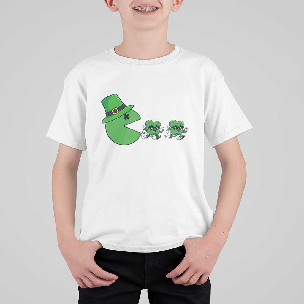 St Patricks Day Retro Gamer Eating Shamrock Lucky Gift T Shirt For Kid