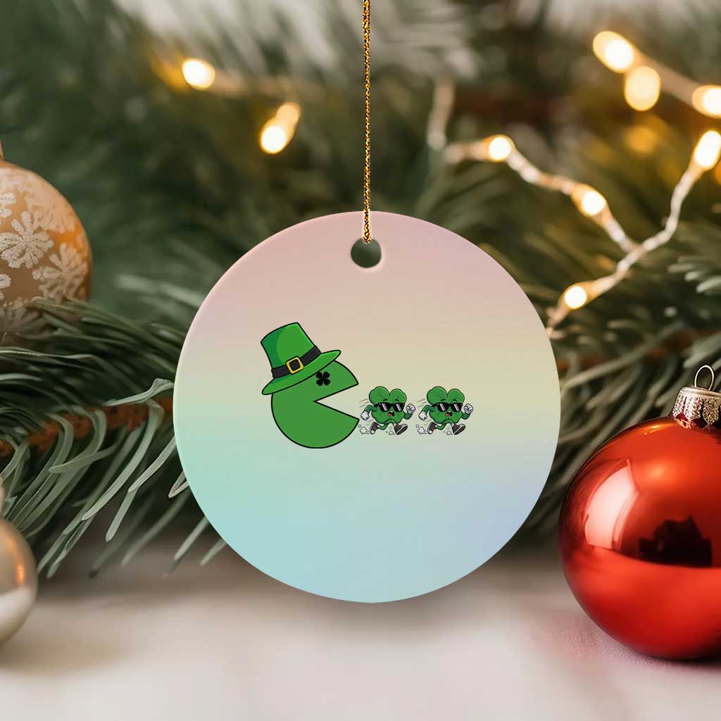 St Patricks Day Retro Gamer Eating Shamrock Lucky Gift Ceramic Ornament